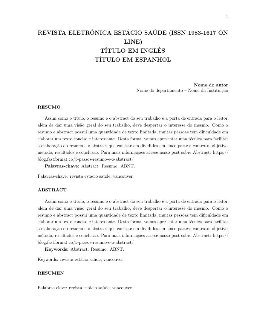 Revista Eletrônica Estácio Saúde (ISSN 1983-1617 on line) - modelo ABNT