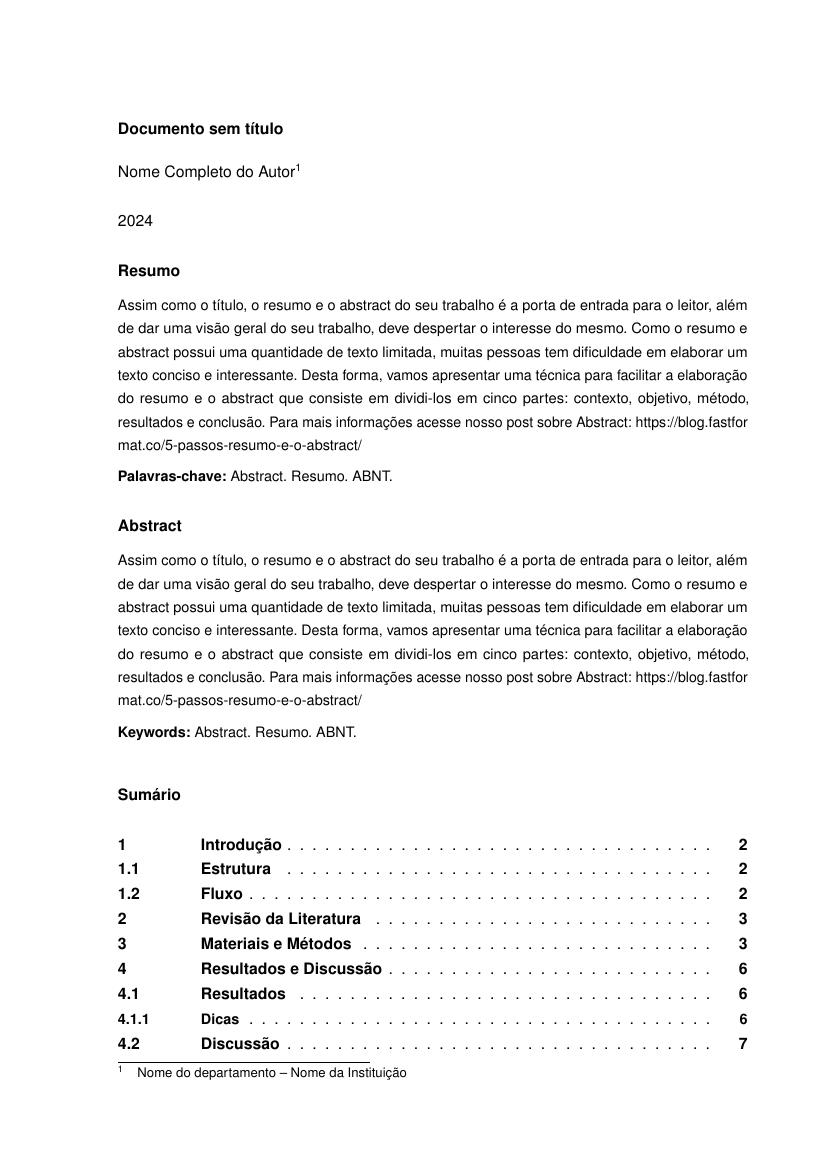 Artigo ou Resumo Científico nas normas da ABNT com sumário, identificação à esquerda - modelo ABNT