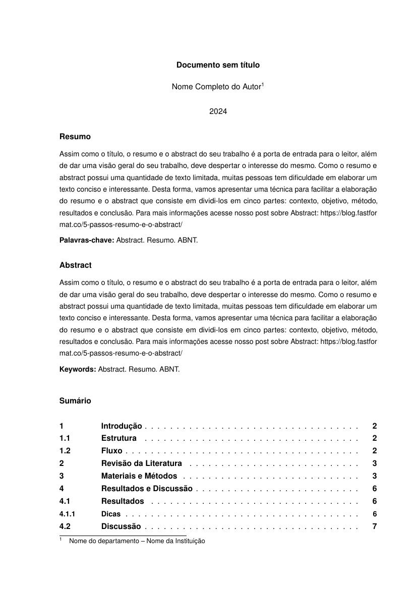 Artigo ou Resumo Científico nas normas da ABNT com sumário - modelo ABNT