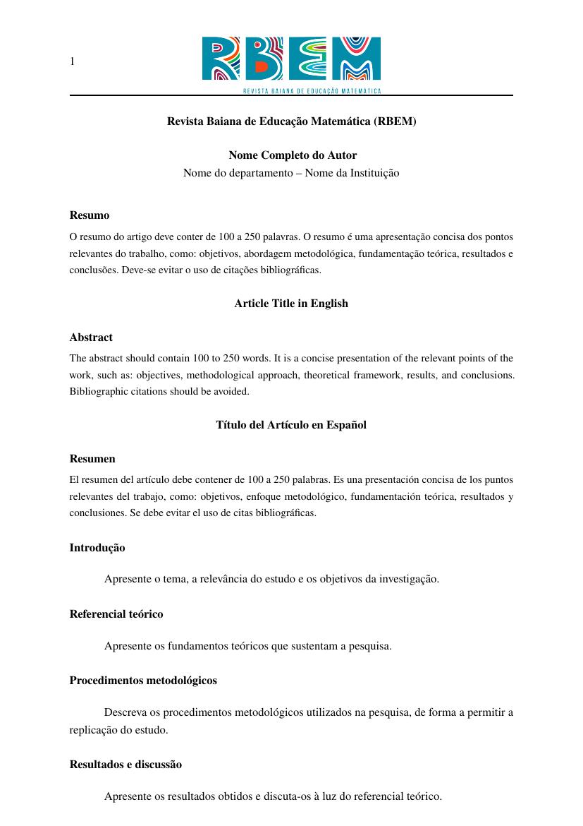 Revista Baiana de Educação Matemática (RBEM) - modelo ABNT
