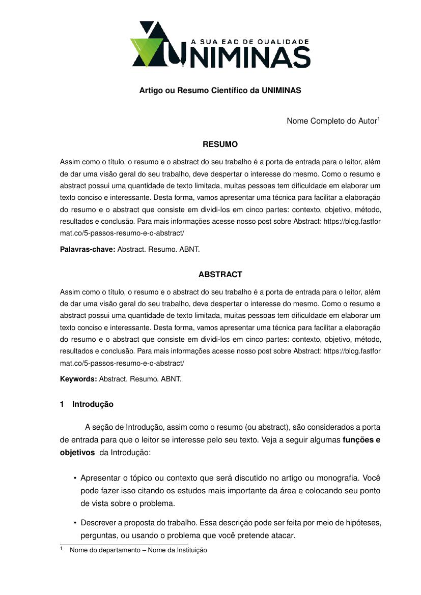 Artigo ou Resumo Científico da UNIMINAS - modelo ABNT