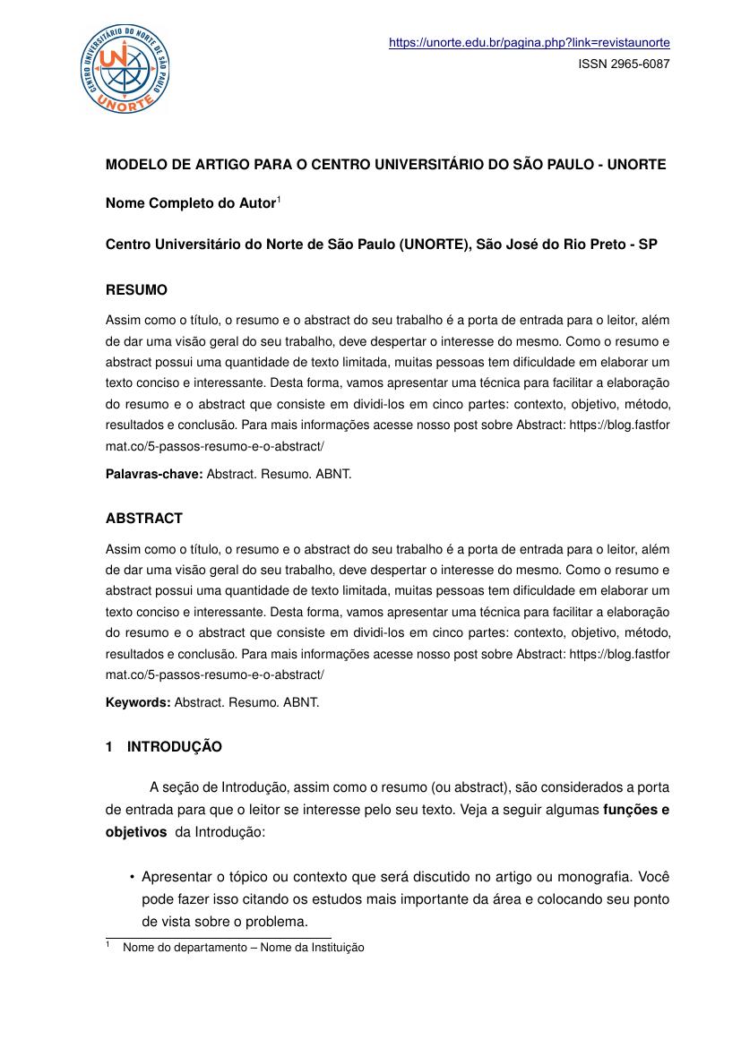 Modelo de artigo para o Centro Universitário do São Paulo - UNORTE - modelo ABNT