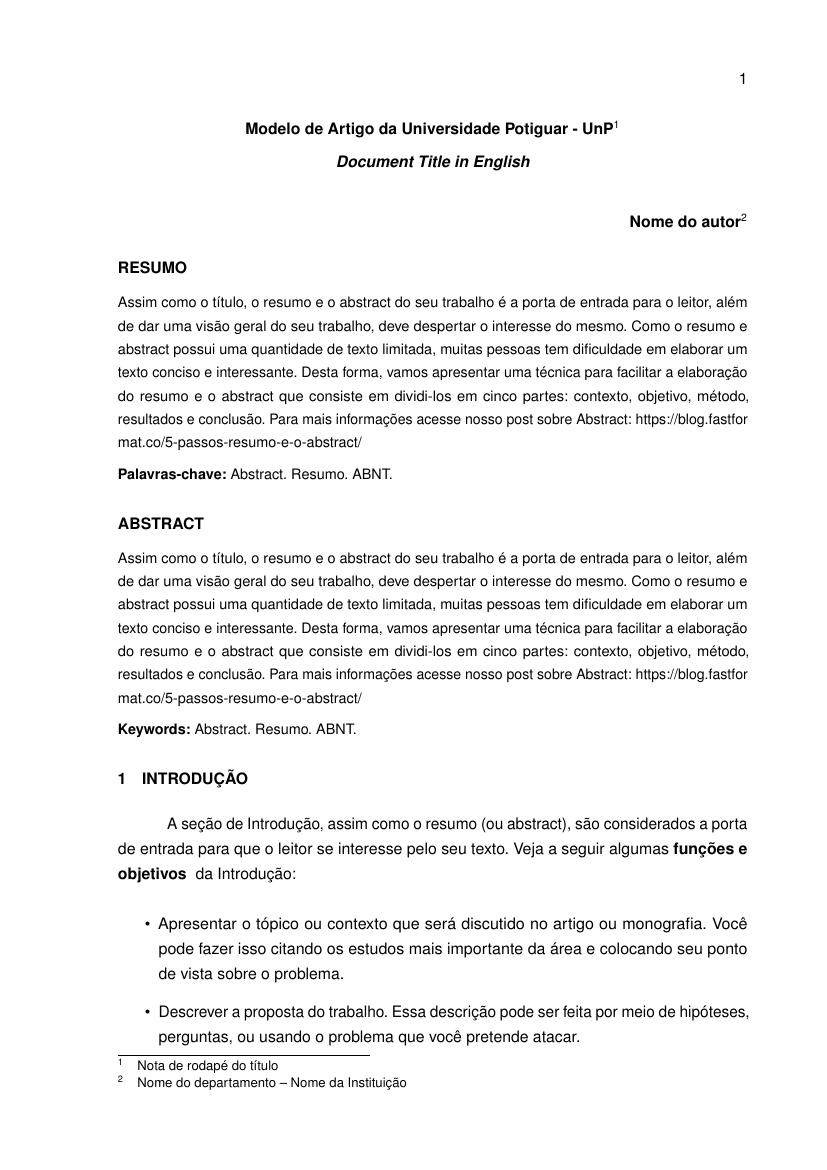 Modelo de Artigo da Universidade Potiguar - UnP - modelo ABNT